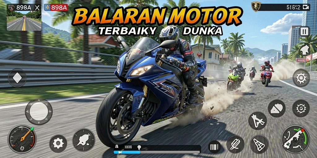 Screenshot utama 898A menampilkan aksi balapan motor yang mendebarkan.