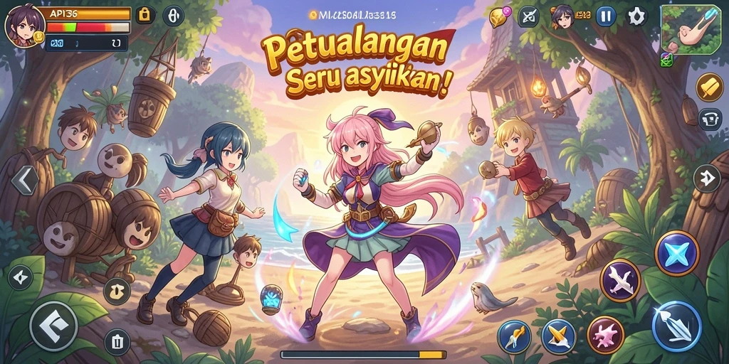 Tampilan gameplay menampilkan pertarungan karakter anime yang seru.