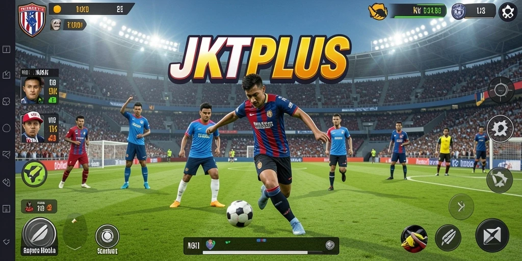 Tampilan gameplay <strong>JKTPLUS</strong> yang menegangkan dengan aksi seru di lapangan hijau.