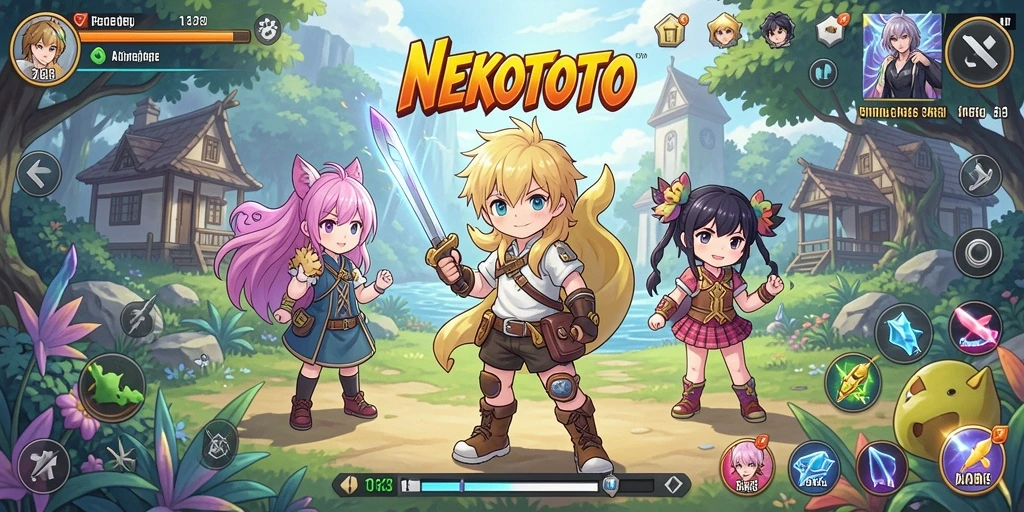 Tampilan gameplay <strong>NEKOTOTO</strong> dengan karakter-karakter anime yang menarik.