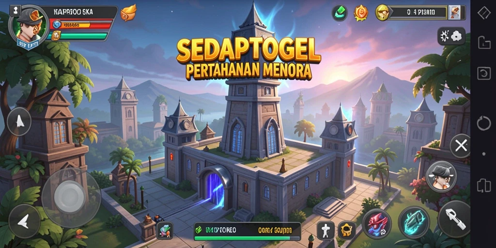 Screenshot gameplay SEDAPTOGEL menampilkan pertahanan menara yang ditata strategis.