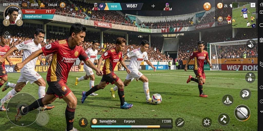 Screenshot utama WG87 menunjukkan momen seru dalam pertandingan sepak bola.