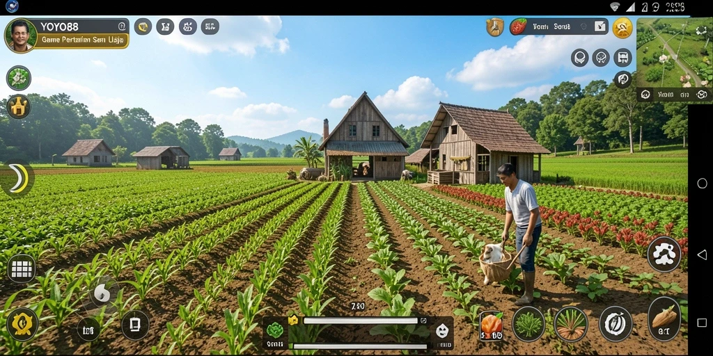 Tampilan gameplay <strong>YOYO88</strong> yang menampilkan kebun yang rimbun dan aktivitas bertani.